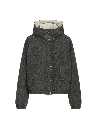 Brunello Cucinelli Women's Virgin Wool Donegal Down Jacket with Detachable Hood and Shiny Zipper Pull - Anthracite | Thumbnail 1 Brunello Cucinelli Women's Virgin Wool Donegal Down Jacket with Detachable Hood and Shiny Zipper Pull - Anthracite | Thumbnail 1