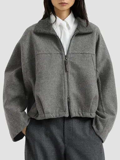 Brunello Cucinelli Women's Hand-Crafted Bomber Jacket in Virgin Wool Double Cloth with Shiny Zipper Pull - Dark Grey | Thumbnail 3 Brunello Cucinelli Women's Hand-Crafted Bomber Jacket in Virgin Wool Double Cloth with Shiny Zipper Pull - Dark Grey | Thumbnail 3