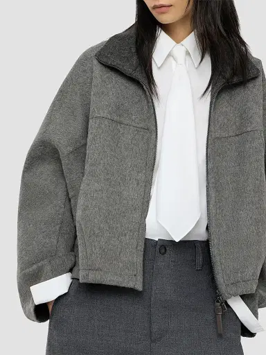 Brunello Cucinelli Women's Hand-Crafted Bomber Jacket in Virgin Wool Double Cloth with Shiny Zipper Pull - Dark Grey | Thumbnail 5 Brunello Cucinelli Women's Hand-Crafted Bomber Jacket in Virgin Wool Double Cloth with Shiny Zipper Pull - Dark Grey | Thumbnail 5