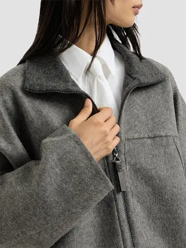 Brunello Cucinelli Women's Hand-Crafted Bomber Jacket in Virgin Wool Double Cloth with Shiny Zipper Pull - Dark Grey | Thumbnail 6 Brunello Cucinelli Women's Hand-Crafted Bomber Jacket in Virgin Wool Double Cloth with Shiny Zipper Pull - Dark Grey | Thumbnail 6