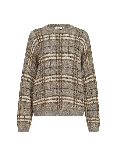 Brunello Cucinelli Women's Dazzling Mohair Prince of Wales Sweater - Light Brown | Thumbnail 1 Brunello Cucinelli Women's Dazzling Mohair Prince of Wales Sweater - Light Brown | Thumbnail 1