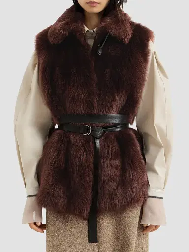 Brunello Cucinelli Women's Lux Shearling Vest with Nappa Leather Belt and Monili - Burgundy - Size 4 | Thumbnail 3 Brunello Cucinelli Women's Lux Shearling Vest with Nappa Leather Belt and Monili - Burgundy - Size 4 | Thumbnail 3