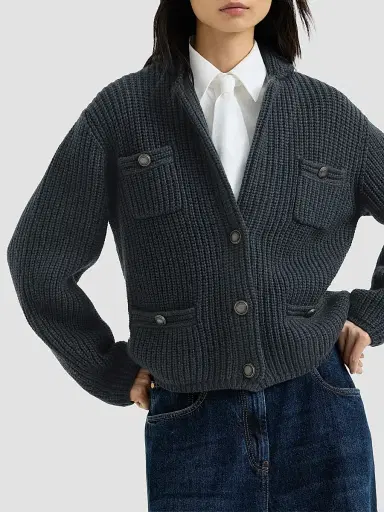 Brunello Cucinelli Women's Cashmere Feather Yarn English Rib Cardigan - Blue | Thumbnail 3 Brunello Cucinelli Women's Cashmere Feather Yarn English Rib Cardigan - Blue | Thumbnail 3