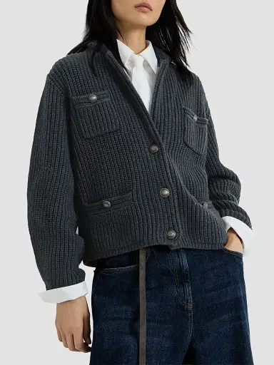 Brunello Cucinelli Women's Cashmere Feather Yarn English Rib Cardigan - Blue | Thumbnail 5 Brunello Cucinelli Women's Cashmere Feather Yarn English Rib Cardigan - Blue | Thumbnail 5