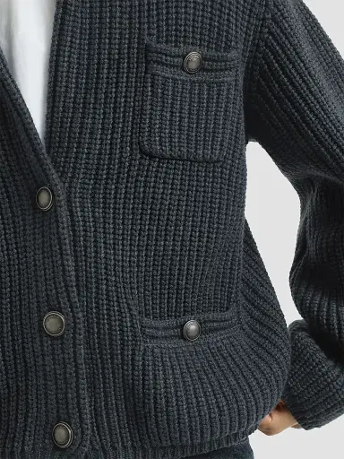 Brunello Cucinelli Women's Cashmere Feather Yarn English Rib Cardigan - Blue | Thumbnail 6 Brunello Cucinelli Women's Cashmere Feather Yarn English Rib Cardigan - Blue | Thumbnail 6