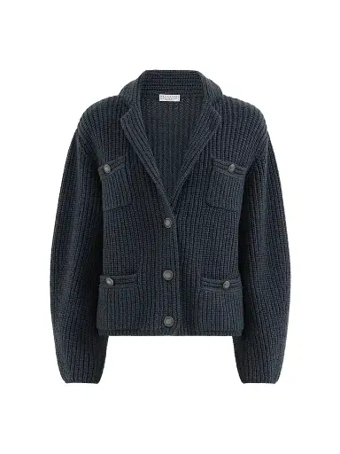 Brunello Cucinelli Women's Cashmere Feather Yarn English Rib Cardigan - Blue | Thumbnail 1 Brunello Cucinelli Women's Cashmere Feather Yarn English Rib Cardigan - Blue | Thumbnail 1