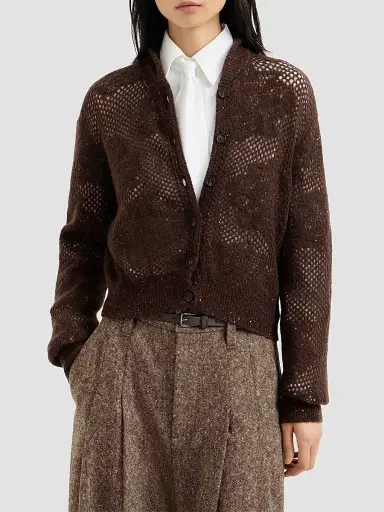Brunello Cucinelli Women's Lace Flowers Cardigan in Sparkling Mohair and Virgin Wool - Brown | Thumbnail 3 Brunello Cucinelli Women's Lace Flowers Cardigan in Sparkling Mohair and Virgin Wool - Brown | Thumbnail 3
