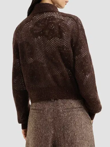 Brunello Cucinelli Women's Lace Flowers Cardigan in Sparkling Mohair and Virgin Wool - Brown | Thumbnail 4 Brunello Cucinelli Women's Lace Flowers Cardigan in Sparkling Mohair and Virgin Wool - Brown | Thumbnail 4