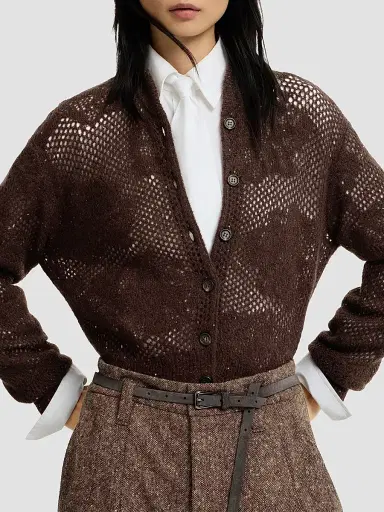 Brunello Cucinelli Women's Lace Flowers Cardigan in Sparkling Mohair and Virgin Wool - Brown | Thumbnail 5 Brunello Cucinelli Women's Lace Flowers Cardigan in Sparkling Mohair and Virgin Wool - Brown | Thumbnail 5