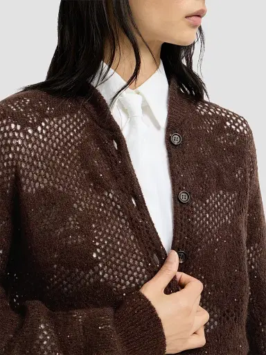 Brunello Cucinelli Women's Lace Flowers Cardigan in Sparkling Mohair and Virgin Wool - Brown | Thumbnail 6 Brunello Cucinelli Women's Lace Flowers Cardigan in Sparkling Mohair and Virgin Wool - Brown | Thumbnail 6