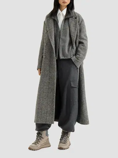 Brunello Cucinelli Women's Techno Alpaca Check Tweed Coat with Monili - Dark Grey | Thumbnail 2 Brunello Cucinelli Women's Techno Alpaca Check Tweed Coat with Monili - Dark Grey | Thumbnail 2