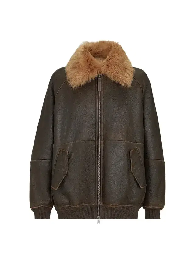Women's Vintage-Effect Shearling Bomber Jacket with Shiny Zipper Pull - Hazelnut Women's Vintage-Effect Shearling Bomber Jacket with Shiny Zipper Pull - Hazelnut