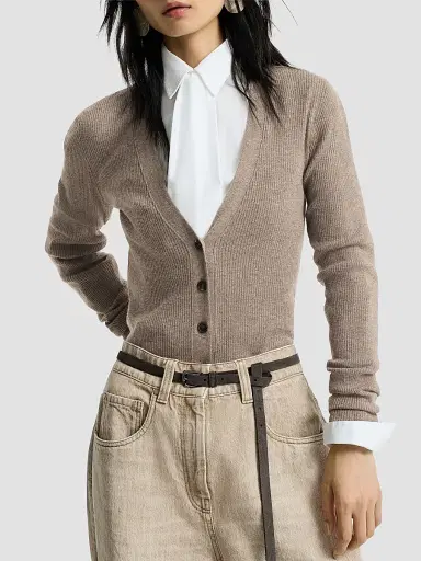 Brunello Cucinelli Women's Sparkling Cashmere Lightweight Ribbed Cardigan - Rope | Thumbnail 5 Brunello Cucinelli Women's Sparkling Cashmere Lightweight Ribbed Cardigan - Rope | Thumbnail 5