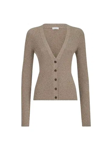Brunello Cucinelli Women's Sparkling Cashmere Lightweight Ribbed Cardigan - Rope | Thumbnail 1 Brunello Cucinelli Women's Sparkling Cashmere Lightweight Ribbed Cardigan - Rope | Thumbnail 1