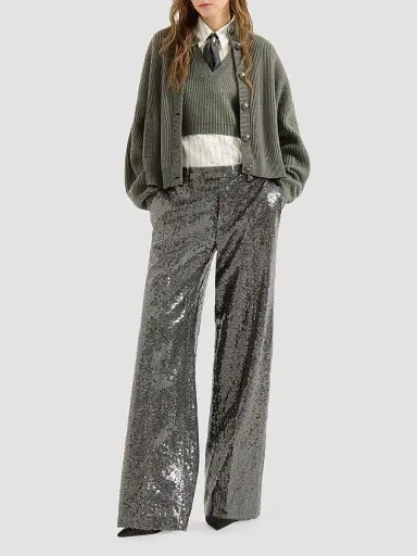 Brunello Cucinelli Women's Dazzling Texture Embroidery Loose Flared Trousers - Dark Grey | Thumbnail 2 Brunello Cucinelli Women's Dazzling Texture Embroidery Loose Flared Trousers - Dark Grey | Thumbnail 2