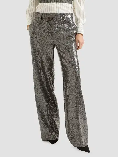 Brunello Cucinelli Women's Dazzling Texture Embroidery Loose Flared Trousers - Dark Grey | Thumbnail 3 Brunello Cucinelli Women's Dazzling Texture Embroidery Loose Flared Trousers - Dark Grey | Thumbnail 3