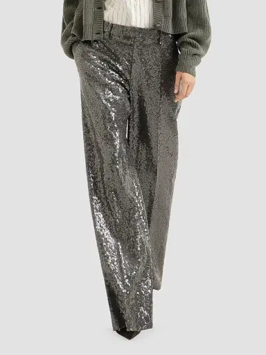 Brunello Cucinelli Women's Dazzling Texture Embroidery Loose Flared Trousers - Dark Grey | Thumbnail 5 Brunello Cucinelli Women's Dazzling Texture Embroidery Loose Flared Trousers - Dark Grey | Thumbnail 5
