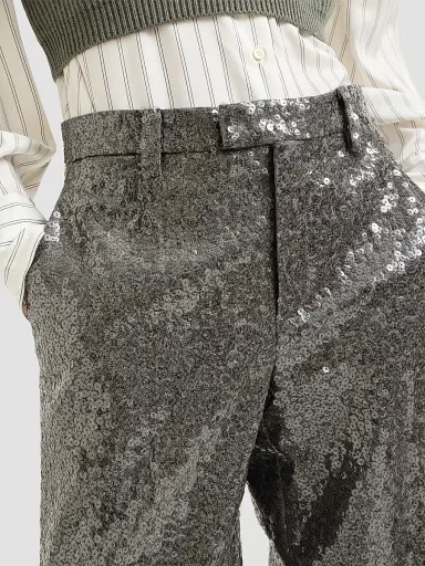 Brunello Cucinelli Women's Dazzling Texture Embroidery Loose Flared Trousers - Dark Grey | Thumbnail 6 Brunello Cucinelli Women's Dazzling Texture Embroidery Loose Flared Trousers - Dark Grey | Thumbnail 6