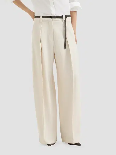 Brunello Cucinelli Women's Virgin Wool Gabardine Pleated Barrel Trousers with Monili - Milk | Thumbnail 3 Brunello Cucinelli Women's Virgin Wool Gabardine Pleated Barrel Trousers with Monili - Milk | Thumbnail 3