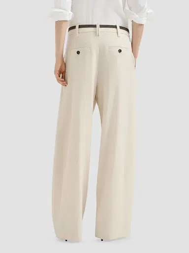 Brunello Cucinelli Women's Virgin Wool Gabardine Pleated Barrel Trousers with Monili - Milk | Thumbnail 4 Brunello Cucinelli Women's Virgin Wool Gabardine Pleated Barrel Trousers with Monili - Milk | Thumbnail 4