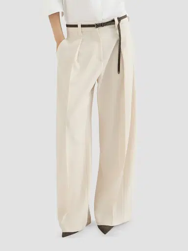 Brunello Cucinelli Women's Virgin Wool Gabardine Pleated Barrel Trousers with Monili - Milk | Thumbnail 5 Brunello Cucinelli Women's Virgin Wool Gabardine Pleated Barrel Trousers with Monili - Milk | Thumbnail 5