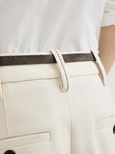 Brunello Cucinelli Women's Virgin Wool Gabardine Pleated Barrel Trousers with Monili - Milk | Thumbnail 6 Brunello Cucinelli Women's Virgin Wool Gabardine Pleated Barrel Trousers with Monili - Milk | Thumbnail 6