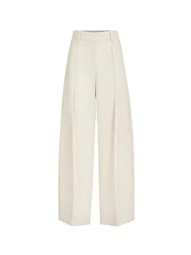 Brunello Cucinelli Women's Virgin Wool Gabardine Pleated Barrel Trousers with Monili - Milk | Thumbnail 1 Brunello Cucinelli Women's Virgin Wool Gabardine Pleated Barrel Trousers with Monili - Milk | Thumbnail 1
