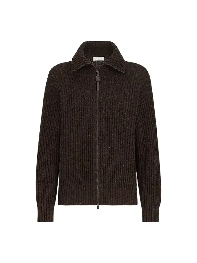 Women's Cashmere and Wool Ribbed Cardigan with Shiny Zipper Pull - Coffee Women's Cashmere and Wool Ribbed Cardigan with Shiny Zipper Pull - Coffee