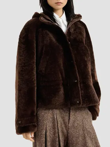 Brunello Cucinelli Women's Shearling Outerwear Jacket with Shiny Zipper Pull - Brown Gianduia | Thumbnail 3 Brunello Cucinelli Women's Shearling Outerwear Jacket with Shiny Zipper Pull - Brown Gianduia | Thumbnail 3
