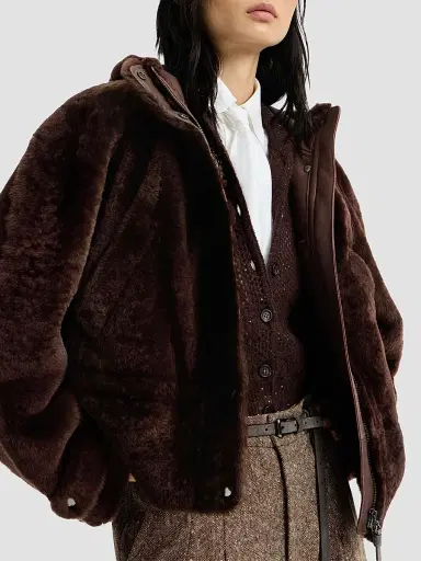 Brunello Cucinelli Women's Shearling Outerwear Jacket with Shiny Zipper Pull - Brown Gianduia | Thumbnail 5 Brunello Cucinelli Women's Shearling Outerwear Jacket with Shiny Zipper Pull - Brown Gianduia | Thumbnail 5