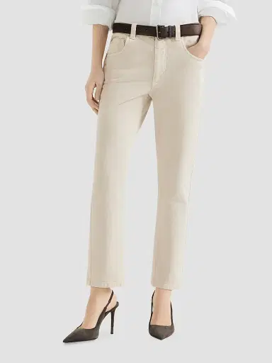 Brunello Cucinelli Women's Dyed Denim Five-Pocket Straight Jeans with Shiny Bartack - Milk | Thumbnail 3 Brunello Cucinelli Women's Dyed Denim Five-Pocket Straight Jeans with Shiny Bartack - Milk | Thumbnail 3