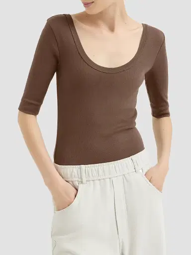 Brunello Cucinelli Women's Stretch Cotton Ribbed Jersey T-Shirt with Monili - Pine Cone Brown | Thumbnail 3 Brunello Cucinelli Women's Stretch Cotton Ribbed Jersey T-Shirt with Monili - Pine Cone Brown | Thumbnail 3