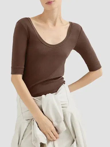 Brunello Cucinelli Women's Stretch Cotton Ribbed Jersey T-Shirt with Monili - Pine Cone Brown | Thumbnail 5 Brunello Cucinelli Women's Stretch Cotton Ribbed Jersey T-Shirt with Monili - Pine Cone Brown | Thumbnail 5