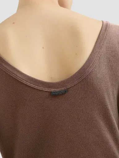 Brunello Cucinelli Women's Stretch Cotton Ribbed Jersey T-Shirt with Monili - Pine Cone Brown | Thumbnail 6 Brunello Cucinelli Women's Stretch Cotton Ribbed Jersey T-Shirt with Monili - Pine Cone Brown | Thumbnail 6