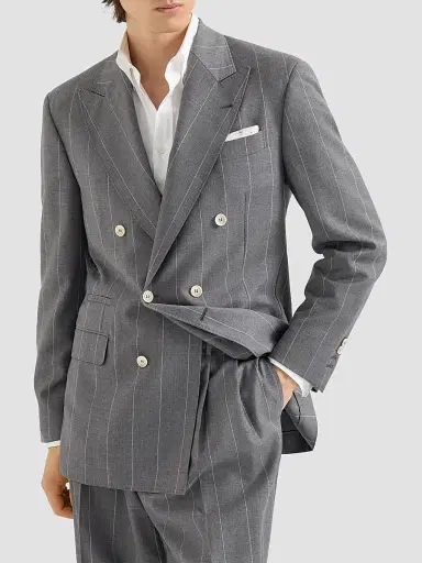 Brunello Cucinelli Men's Virgin Wool Chalk Stripe One and A Half Breasted Tailor Blazer - Medium Grey | Thumbnail 2 Brunello Cucinelli Men's Virgin Wool Chalk Stripe One and A Half Breasted Tailor Blazer - Medium Grey | Thumbnail 2