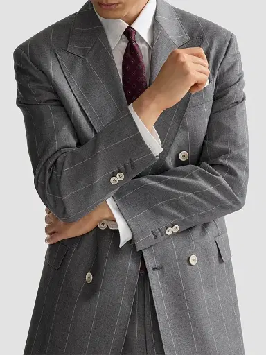 Brunello Cucinelli Men's Virgin Wool Chalk Stripe One and A Half Breasted Tailor Blazer - Medium Grey | Thumbnail 4 Brunello Cucinelli Men's Virgin Wool Chalk Stripe One and A Half Breasted Tailor Blazer - Medium Grey | Thumbnail 4