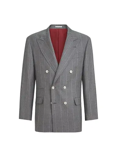 Brunello Cucinelli Men's Virgin Wool Chalk Stripe One and A Half Breasted Tailor Blazer - Medium Grey | Thumbnail 1 Brunello Cucinelli Men's Virgin Wool Chalk Stripe One and A Half Breasted Tailor Blazer - Medium Grey | Thumbnail 1