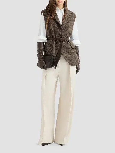 Brunello Cucinelli Women's Sparkling Virgin Wool Chevron Vest with Leather Belt and Monili - Pine Cone Brown | Thumbnail 2 Brunello Cucinelli Women's Sparkling Virgin Wool Chevron Vest with Leather Belt and Monili - Pine Cone Brown | Thumbnail 2