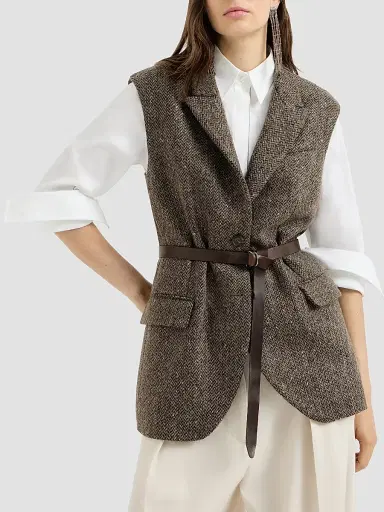 Brunello Cucinelli Women's Sparkling Virgin Wool Chevron Vest with Leather Belt and Monili - Pine Cone Brown | Thumbnail 3 Brunello Cucinelli Women's Sparkling Virgin Wool Chevron Vest with Leather Belt and Monili - Pine Cone Brown | Thumbnail 3