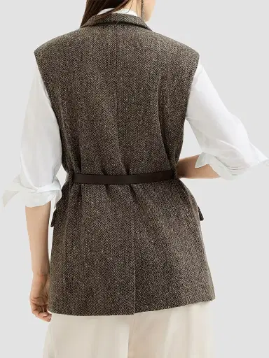 Brunello Cucinelli Women's Sparkling Virgin Wool Chevron Vest with Leather Belt and Monili - Pine Cone Brown | Thumbnail 4 Brunello Cucinelli Women's Sparkling Virgin Wool Chevron Vest with Leather Belt and Monili - Pine Cone Brown | Thumbnail 4