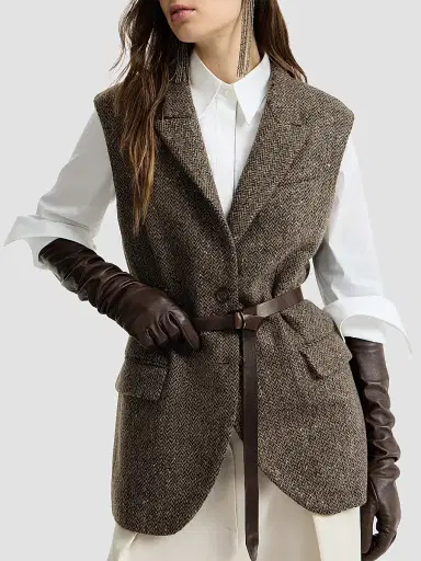 Brunello Cucinelli Women's Sparkling Virgin Wool Chevron Vest with Leather Belt and Monili - Pine Cone Brown | Thumbnail 5 Brunello Cucinelli Women's Sparkling Virgin Wool Chevron Vest with Leather Belt and Monili - Pine Cone Brown | Thumbnail 5