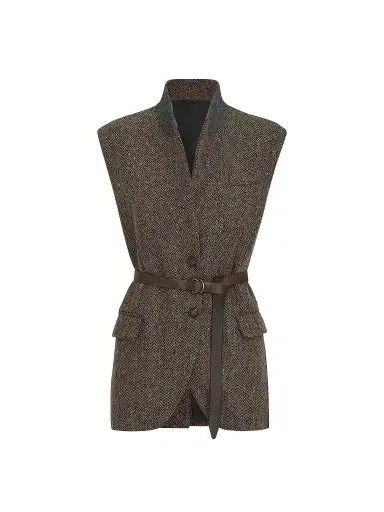 Brunello Cucinelli Women's Sparkling Virgin Wool Chevron Vest with Leather Belt and Monili - Pine Cone Brown | Thumbnail 1 Brunello Cucinelli Women's Sparkling Virgin Wool Chevron Vest with Leather Belt and Monili - Pine Cone Brown | Thumbnail 1