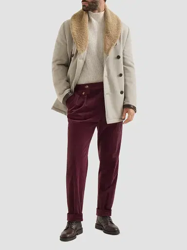 Brunello Cucinelli Men's Comfort Cotton and Cashmere Corduroy Trousers with Double Pleats - Burgundy | Thumbnail 2 Brunello Cucinelli Men's Comfort Cotton and Cashmere Corduroy Trousers with Double Pleats - Burgundy | Thumbnail 2