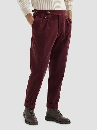 Brunello Cucinelli Men's Comfort Cotton and Cashmere Corduroy Trousers with Double Pleats - Burgundy | Thumbnail 3 Brunello Cucinelli Men's Comfort Cotton and Cashmere Corduroy Trousers with Double Pleats - Burgundy | Thumbnail 3