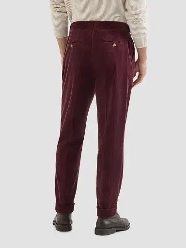 Brunello Cucinelli Men's Comfort Cotton and Cashmere Corduroy Trousers with Double Pleats - Burgundy | Thumbnail 4 Brunello Cucinelli Men's Comfort Cotton and Cashmere Corduroy Trousers with Double Pleats - Burgundy | Thumbnail 4
