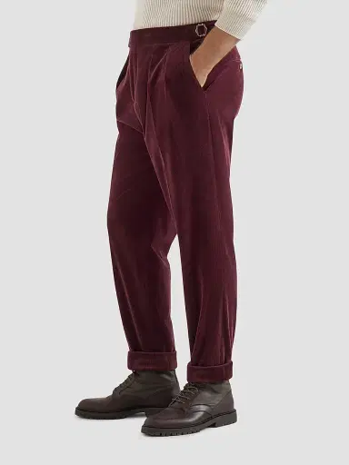 Brunello Cucinelli Men's Comfort Cotton and Cashmere Corduroy Trousers with Double Pleats - Burgundy | Thumbnail 5 Brunello Cucinelli Men's Comfort Cotton and Cashmere Corduroy Trousers with Double Pleats - Burgundy | Thumbnail 5