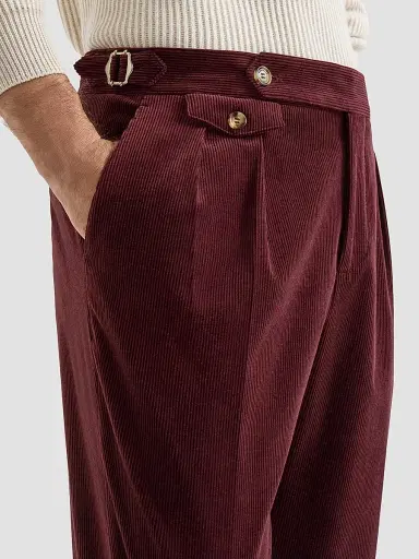 Brunello Cucinelli Men's Comfort Cotton and Cashmere Corduroy Trousers with Double Pleats - Burgundy | Thumbnail 6 Brunello Cucinelli Men's Comfort Cotton and Cashmere Corduroy Trousers with Double Pleats - Burgundy | Thumbnail 6