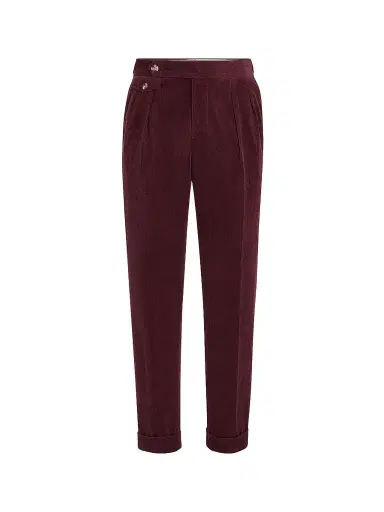Brunello Cucinelli Men's Comfort Cotton and Cashmere Corduroy Trousers with Double Pleats - Burgundy | Thumbnail 1 Brunello Cucinelli Men's Comfort Cotton and Cashmere Corduroy Trousers with Double Pleats - Burgundy | Thumbnail 1
