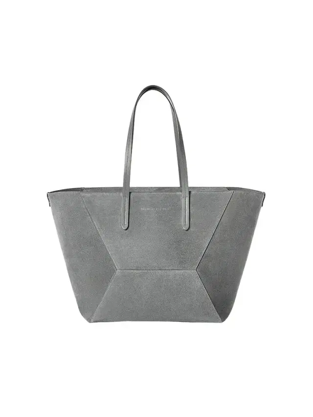 Women's Duo Tote Bag in Suede with Monili - Stone Grey Women's Duo Tote Bag in Suede with Monili - Stone Grey