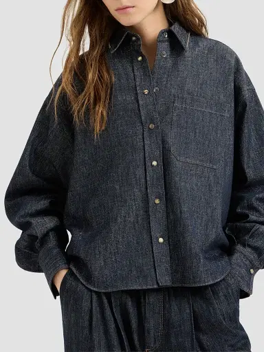 Brunello Cucinelli Women's Sparkling No-Fade Denim Shirt with Shiny Collar - Denim | Thumbnail 3 Brunello Cucinelli Women's Sparkling No-Fade Denim Shirt with Shiny Collar - Denim | Thumbnail 3
